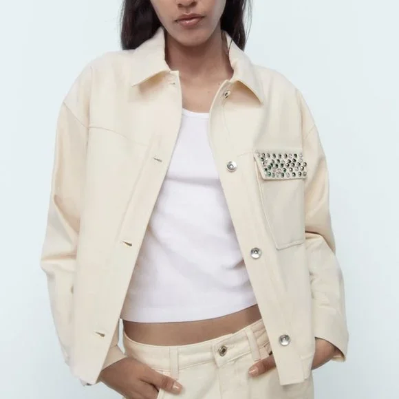 Nwt Zara Rhonestone beaded cream cotton jacket Zara casual jacket with collar